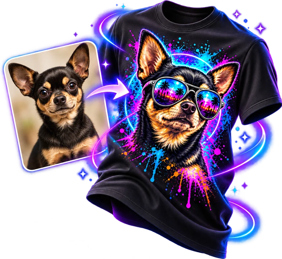 Aus dem Foto eines Chihuahuas wird ein Shirt-Motiv mit Neon-Look